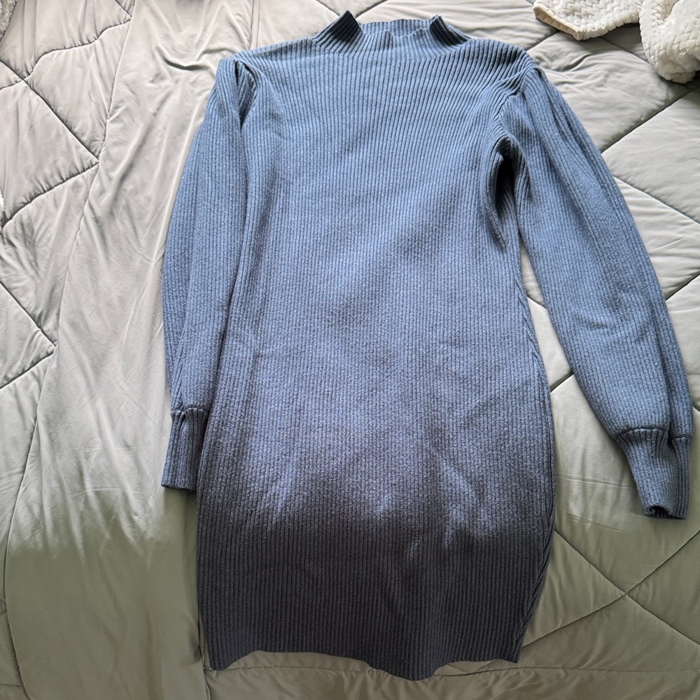 Blue Ribbed Long Sleeve Dress